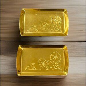 2 Vintage Floral Incised Trays Neocraft Everlast Gold Aluminum Morning Glory MCM